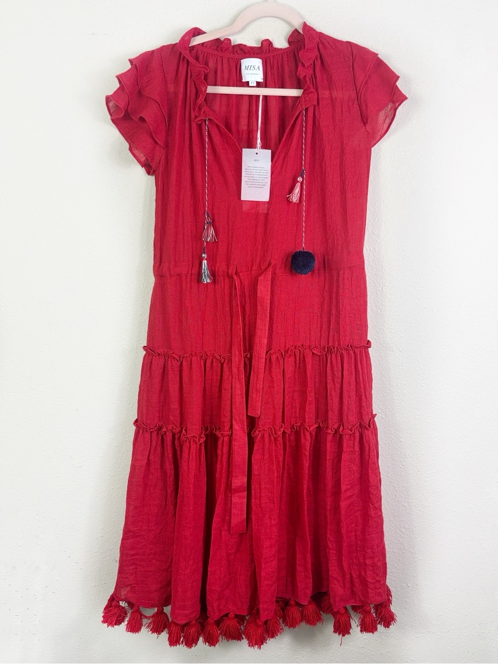 NWT Misa Los Angeles Red Midi Dress Tassel‎ Pom Pom Tie Neck Tiered size XS